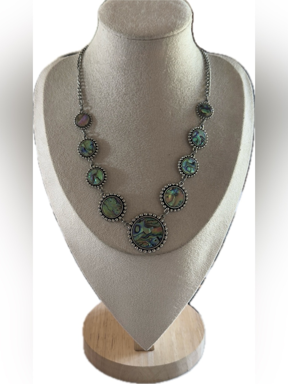 9.5” adjustable Shyanne Iridescent Abalone Disc Necklace in Green and Blue